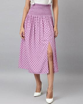 women polka-dot flared skirt with drawstring waist