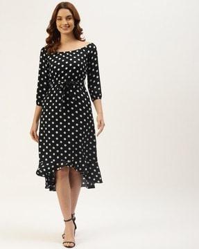 women polka-dot print a-line dress with waist tie-up