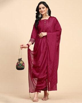 women polka-dot print kurta set with dupatta