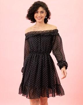 women polka-dot print off shoulder dress
