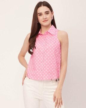 women polka-dot print regular fit button-front top