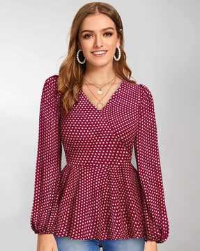 women polka-dot print relaxed fit peplum top