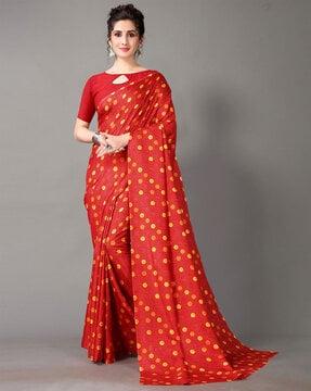 women polka-dot print saree with stitched hem