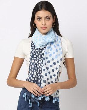 women polka-dot print scarf with tassels