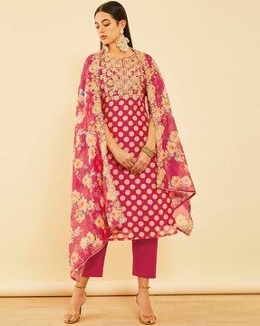 women polka-dot print straight kurta set with dupatta