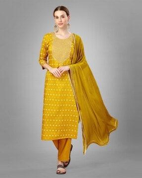 women polka-dot print straight kurta with pants & dupatta