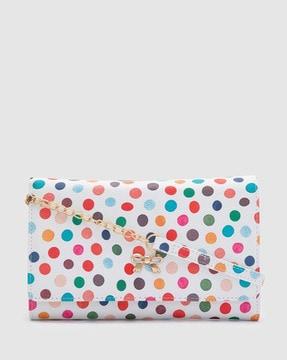 women polka dot print vegan leather envelope wallet with bow detail