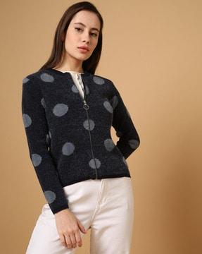 women polka-dot print zip-front cardigan