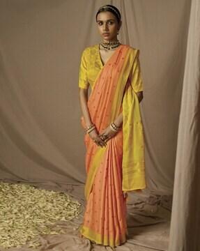 women polka-dot printed saree with contrast border