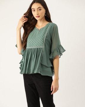 women polka-dot regular fit top with lace detail