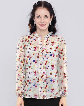 women polka-dot regular fit top with mandarin collar