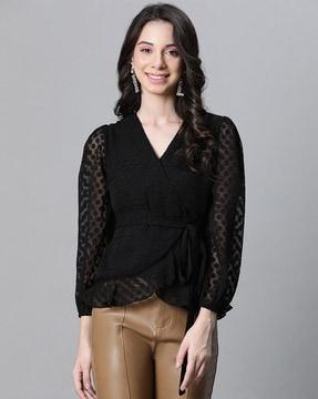 women polka-dot regular fit v-neck wrap top