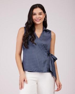 women polka-dot relaxed fit top with tie-up