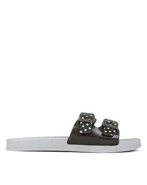 women polka-dot slides with buckle accent