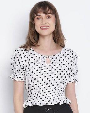 women polka-dot slim fit top with tie-up