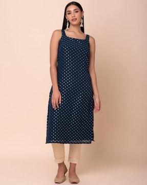 women polka-dot square-neck straight kurta