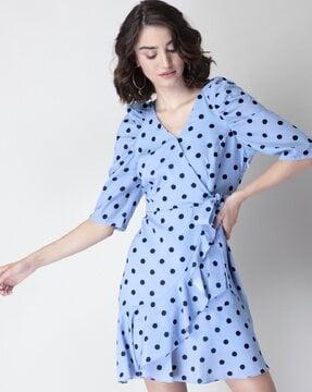 women polka-dot v-neck a-line dress