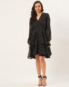 women polka-dot v-neck fit & flare dress