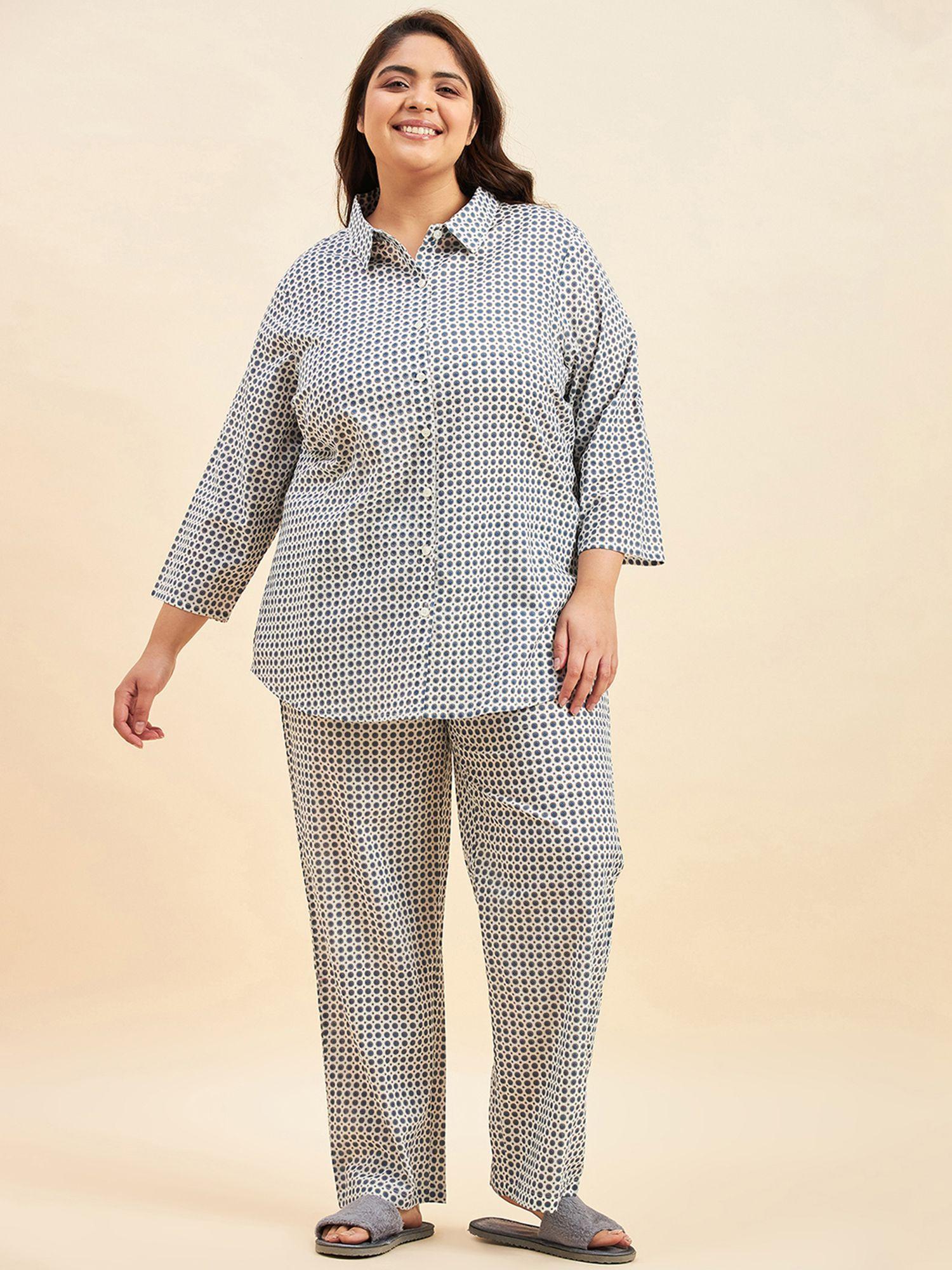women polka dots print cream regular pyjama and shirt (set of 2)