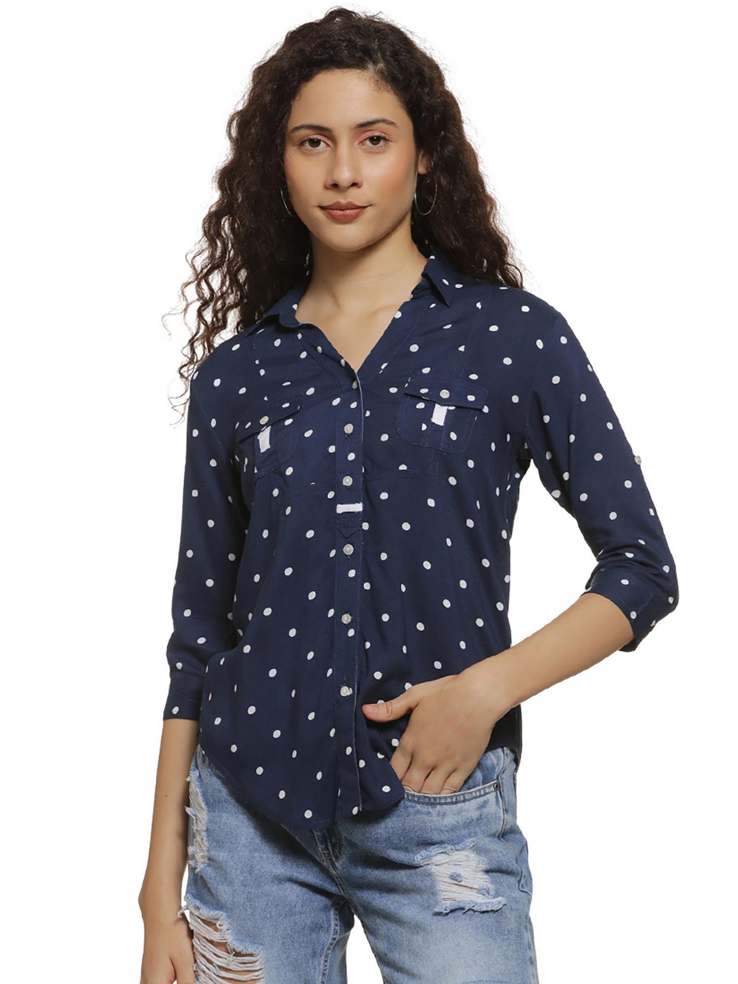 women polka print casual blue shirt