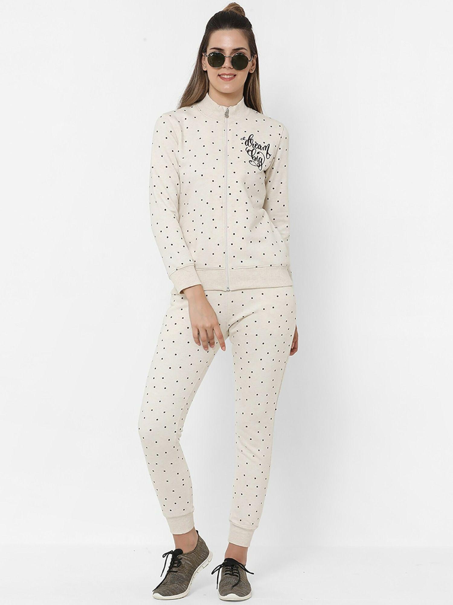 women polka print track suit white (set of 2)