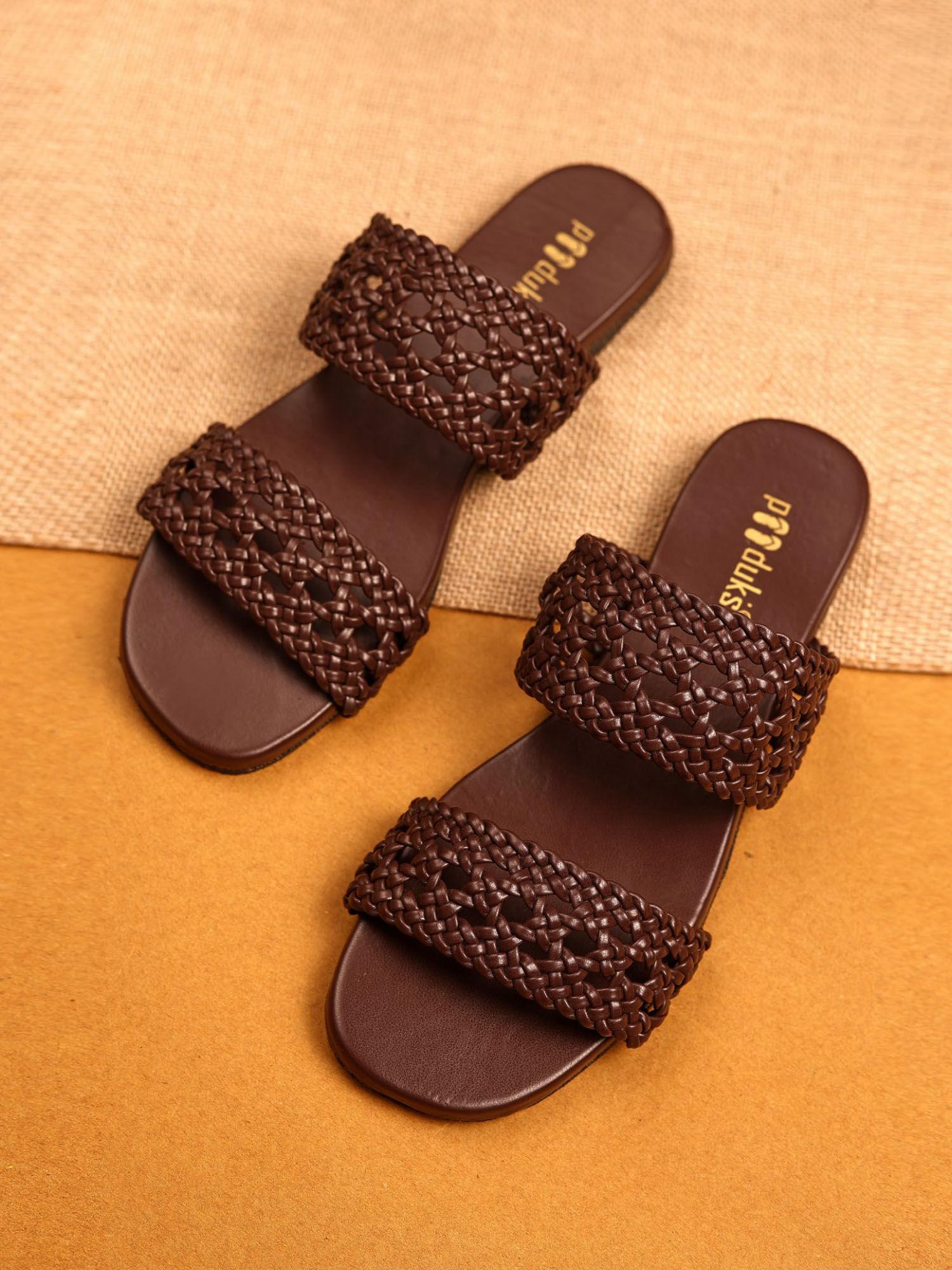 women polly dark brown braided flats