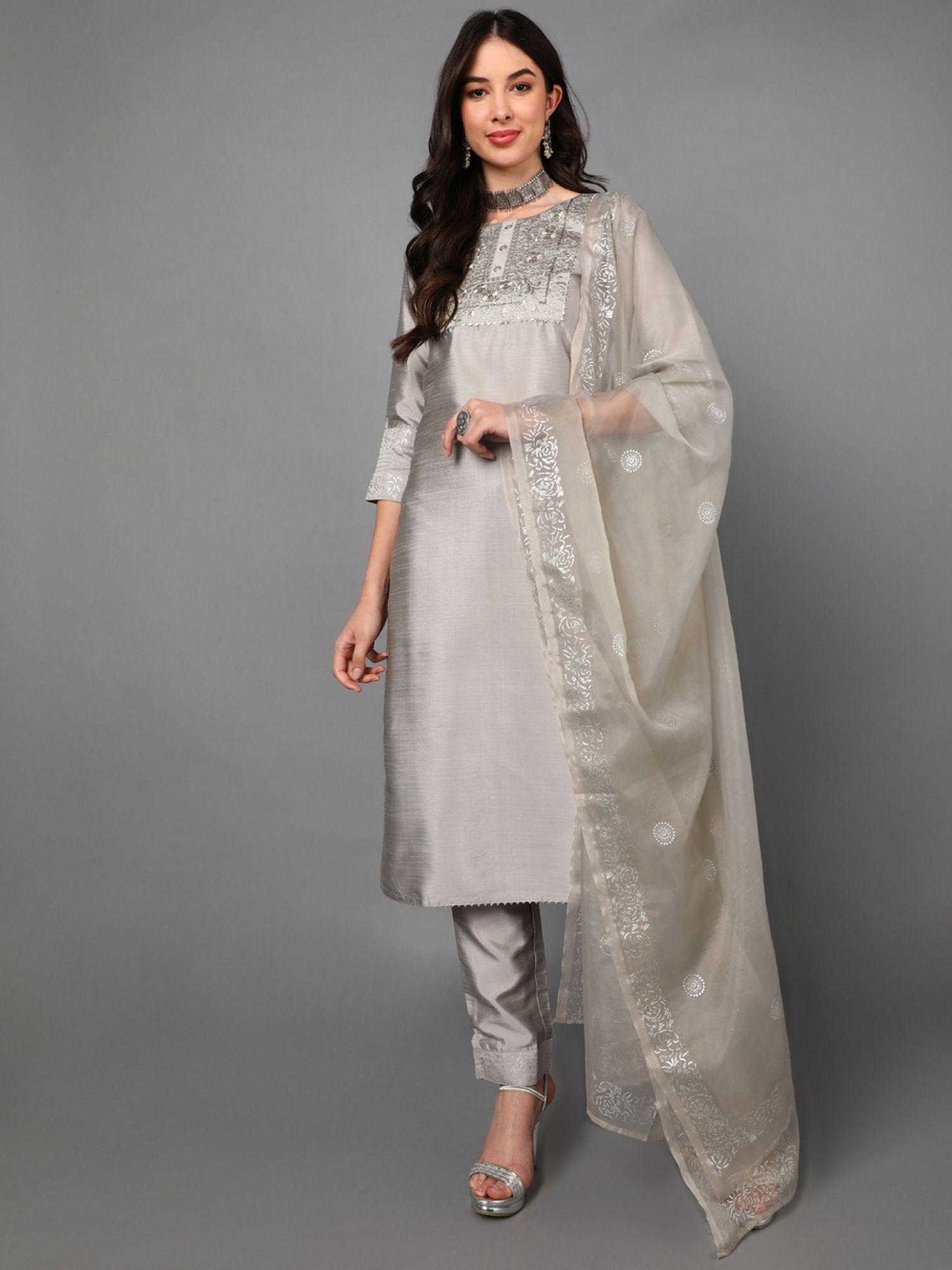 women poly silk grey yoke design panelled kurta trousers with dupatta (set of 3)