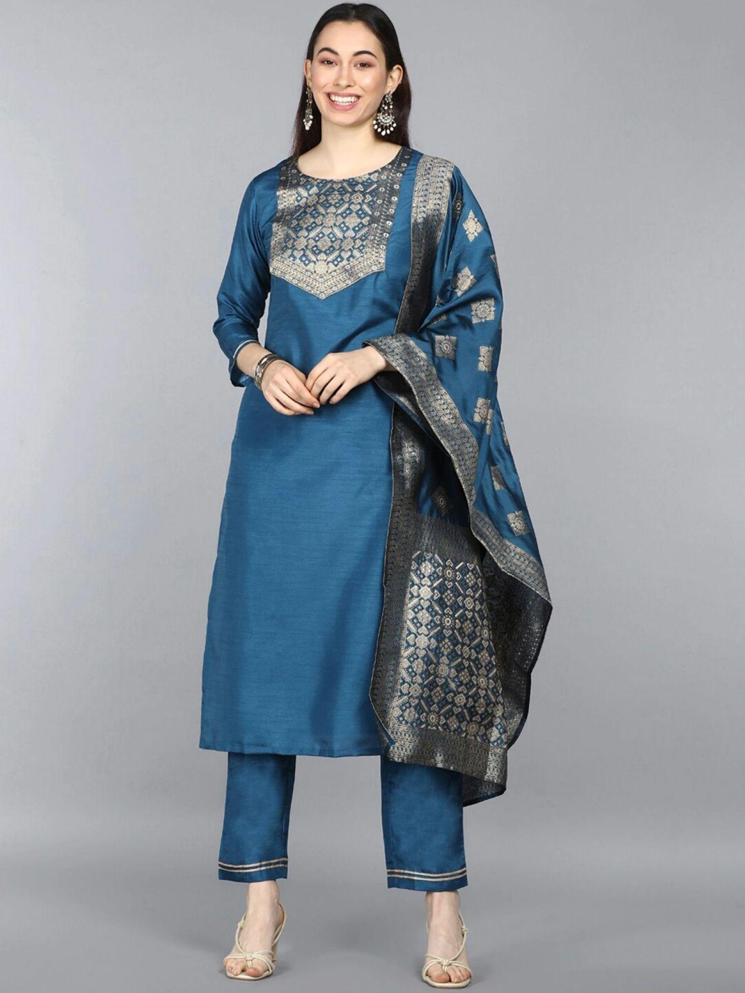women poly silk kurta pants and dupatta (set of 3)
