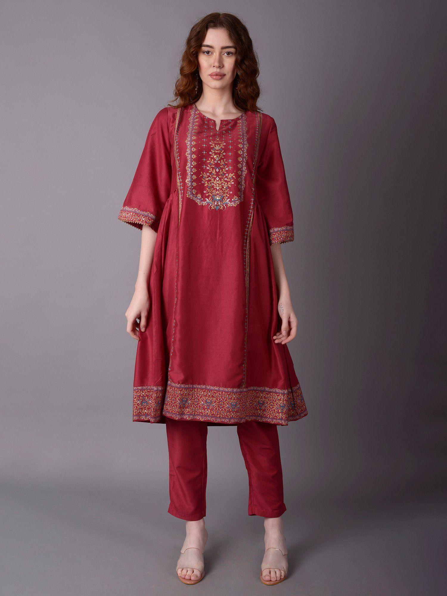 women poly viscose red ornamental printed kurta with trouser (set of 2)