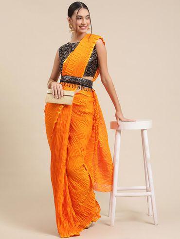women polycotton mustard solid belted sarees with unstitched blouse piece