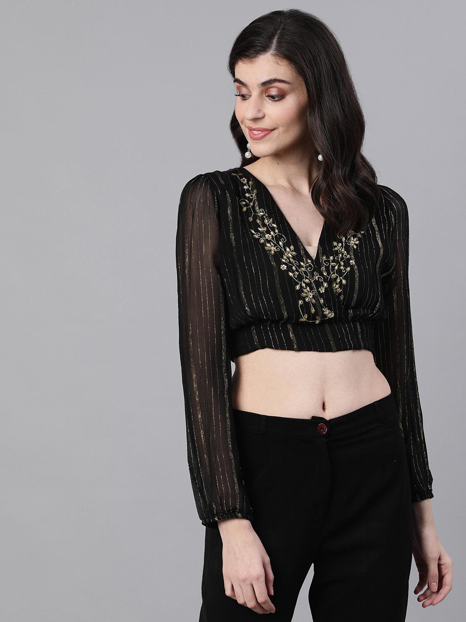 women polyester black lurex embellished jewel neck crop top