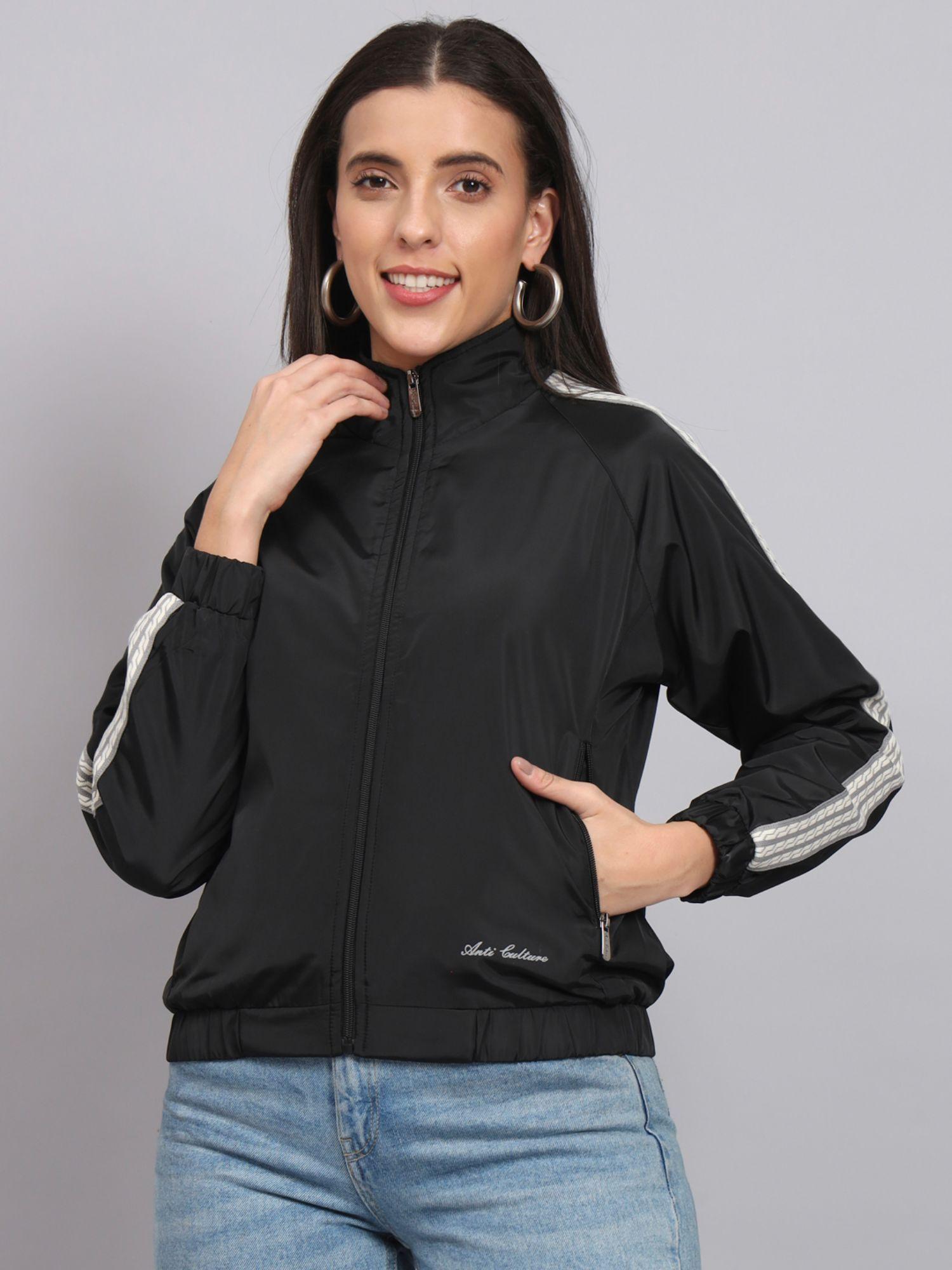 women polyester black windcheater jacket