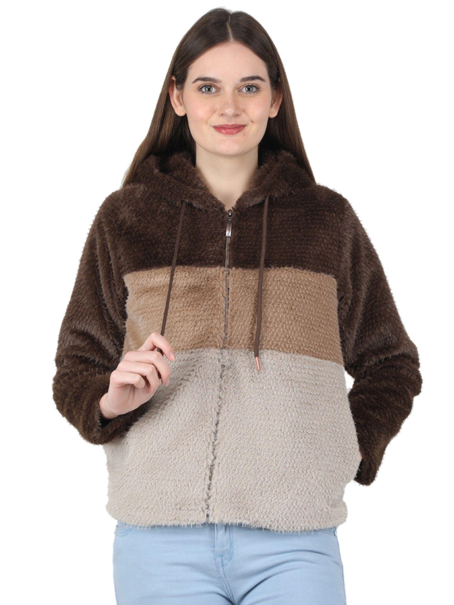 women polyester blend brown colorblock hooded jacket