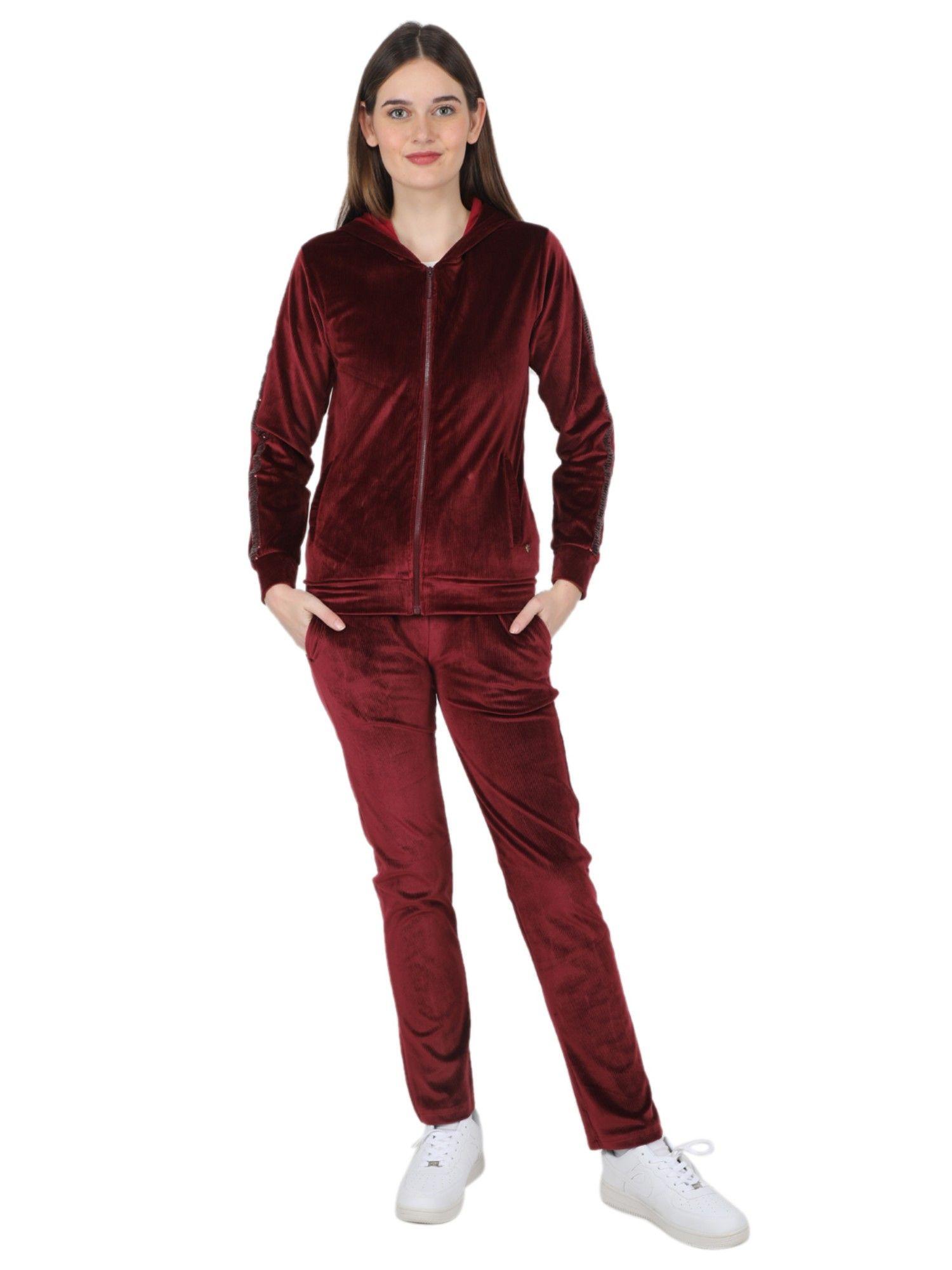 women polyester blend maroon solid hooded co-ord (set of 2)