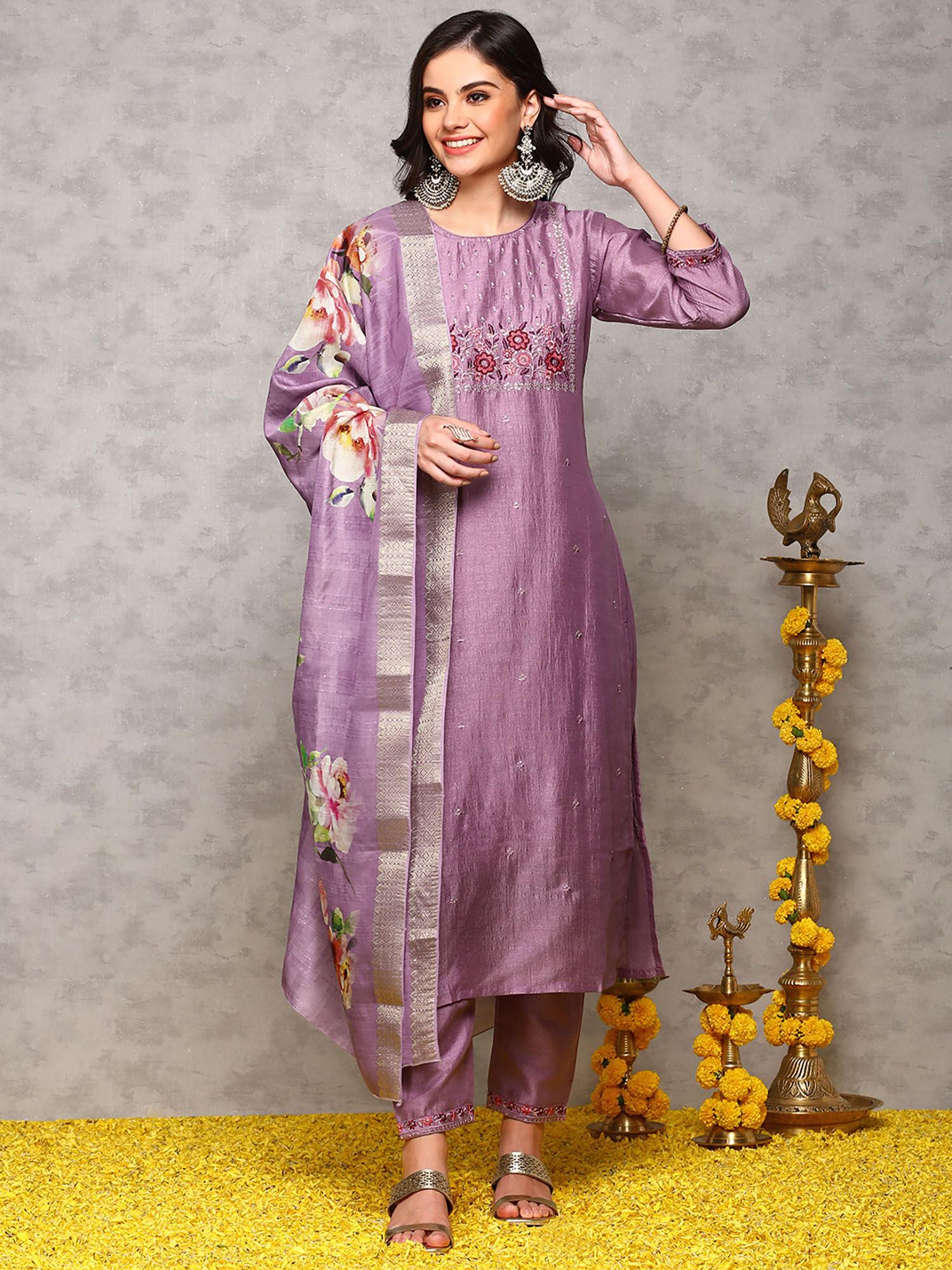 women polyester embroidered mauve kurta with pant and dupatta (set of 3)