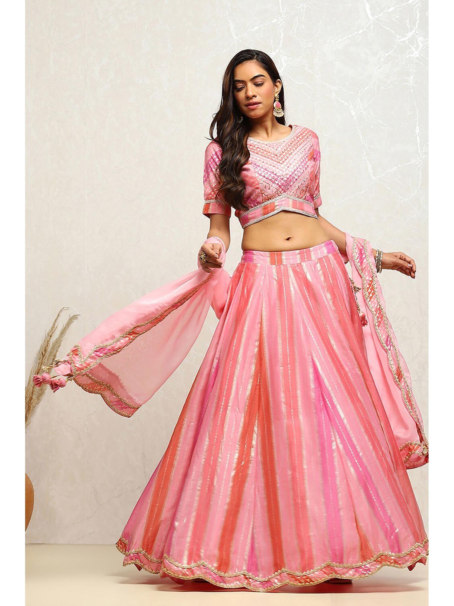 women polyester embroidered pink lehenga with choli and dupatta (set of 3)