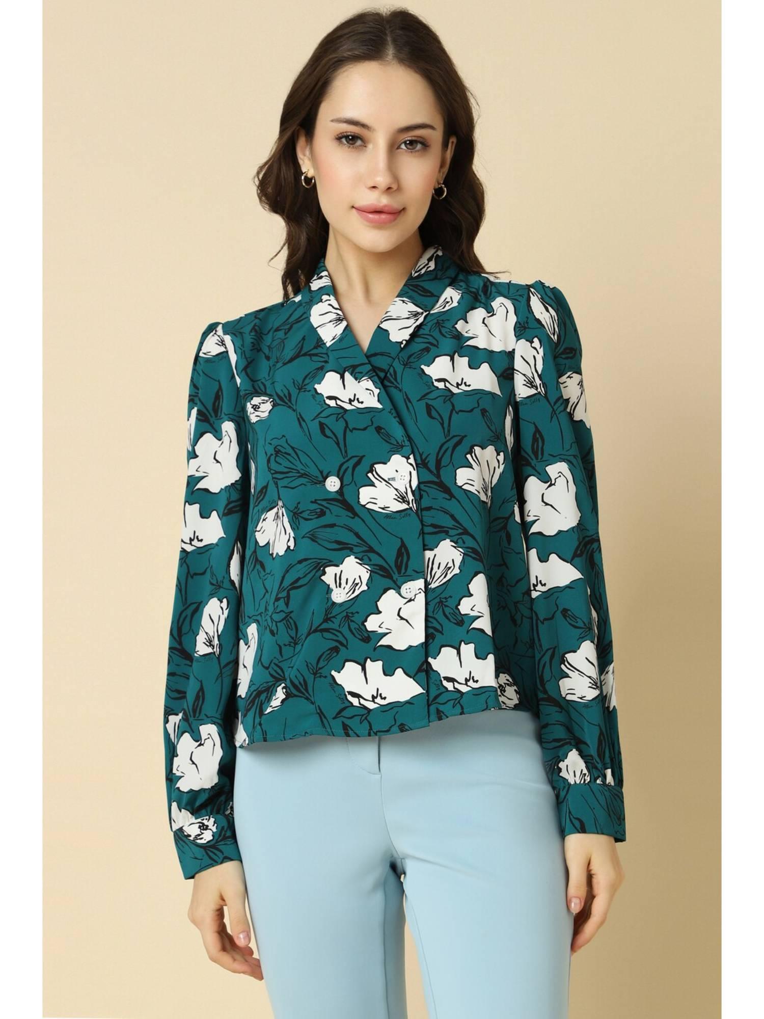 women polyester floral regular fit green top