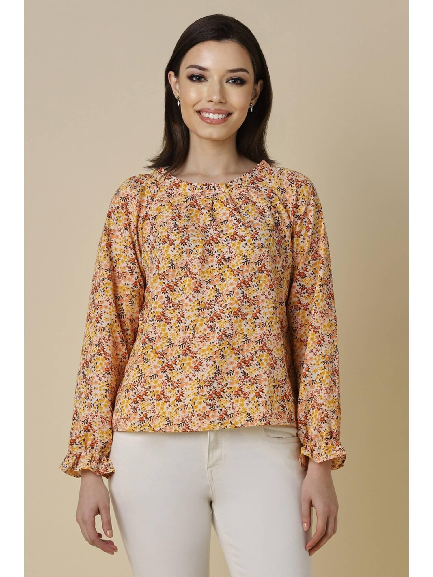 women polyester floral regular fit yellow top