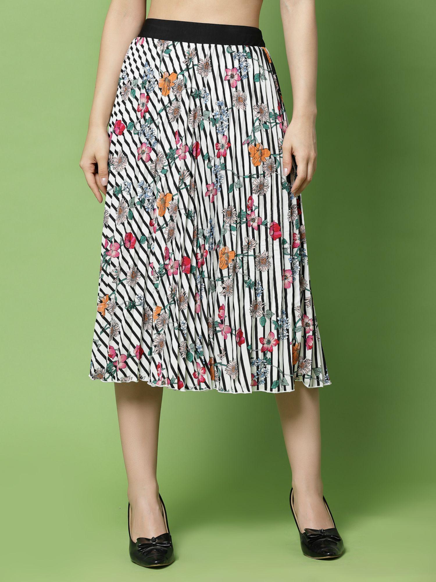 women polyester floral white midi skirt