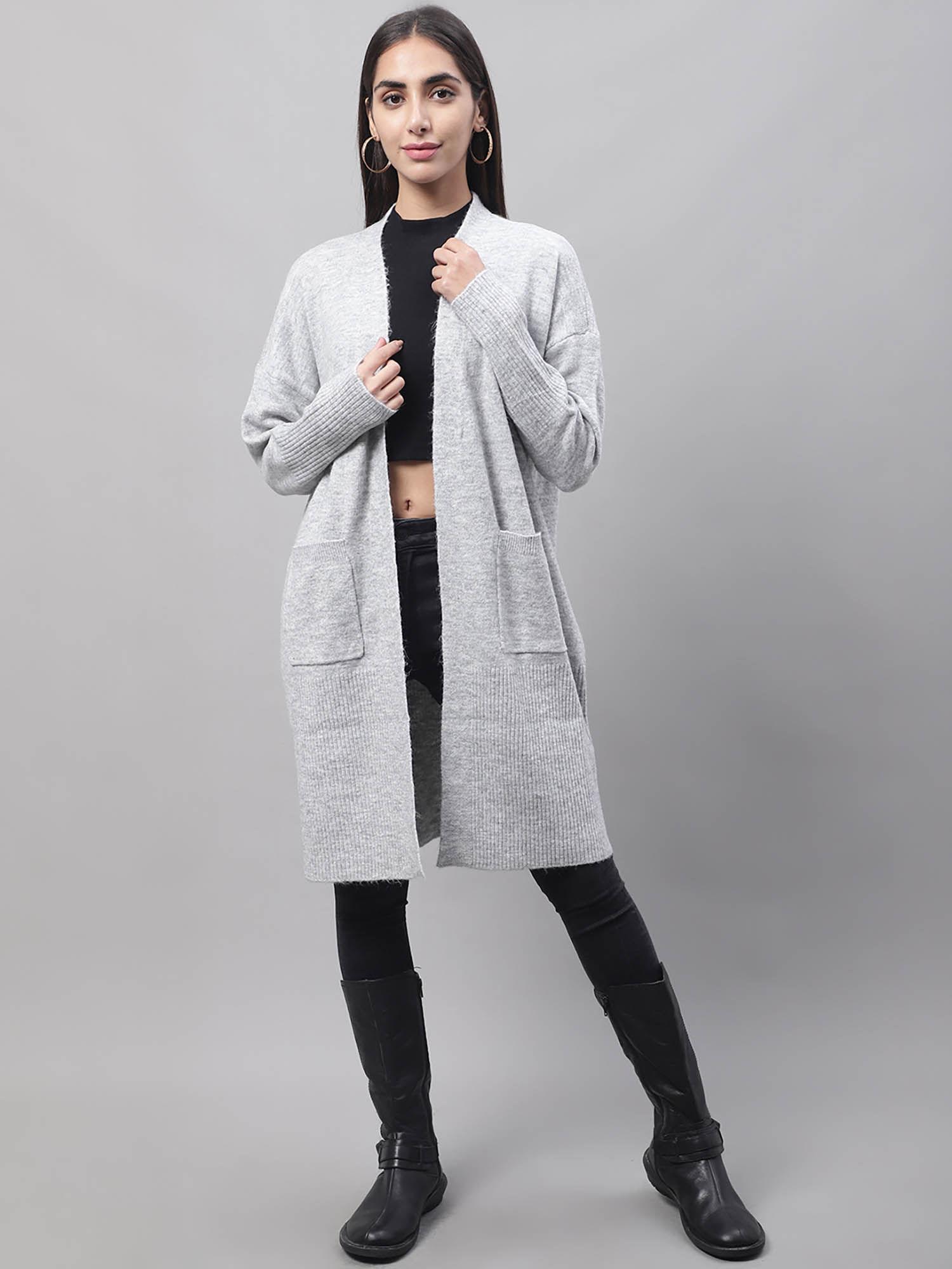 women polyester full sleeve front open grey shrug