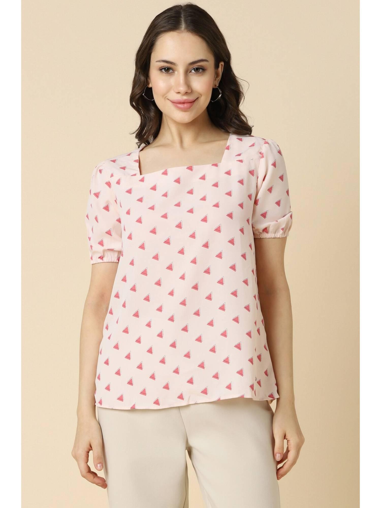 women polyester geometric regular fit peach top