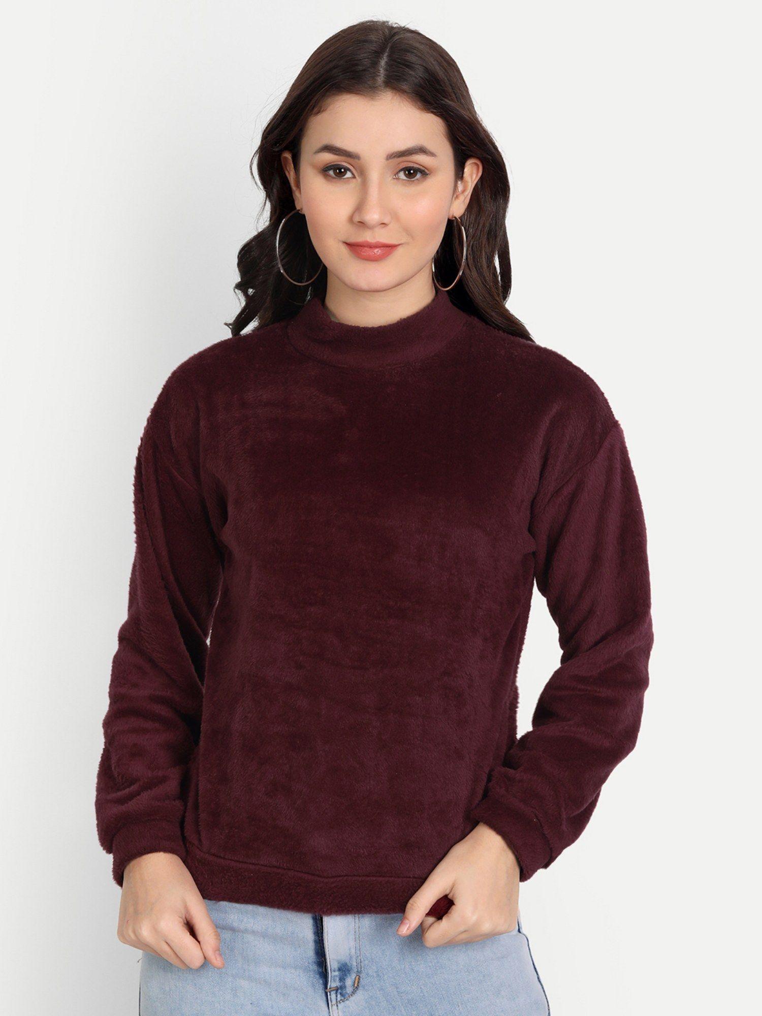 women polyester maroon solid fur top