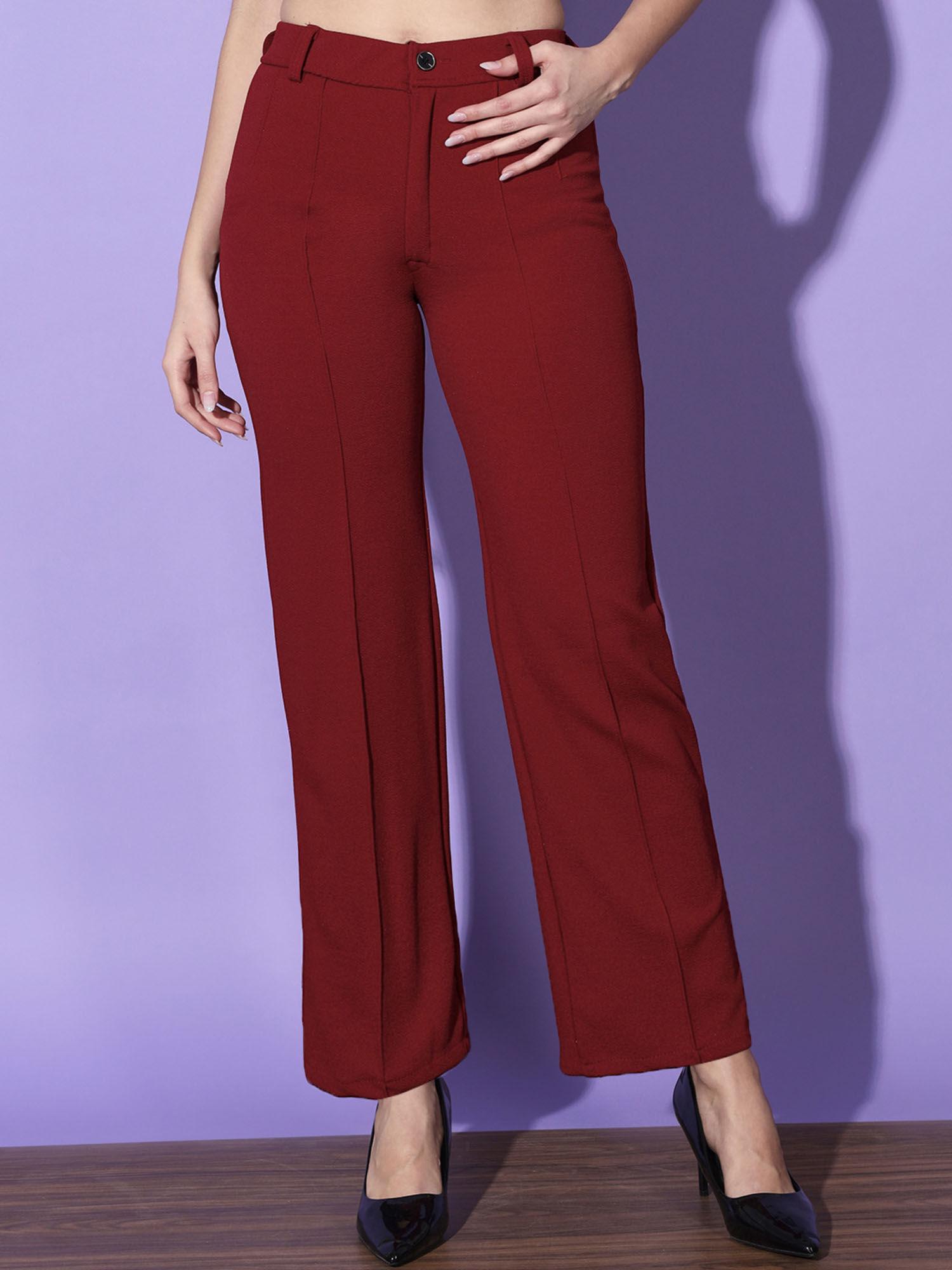 women polyester maroon solid trouser