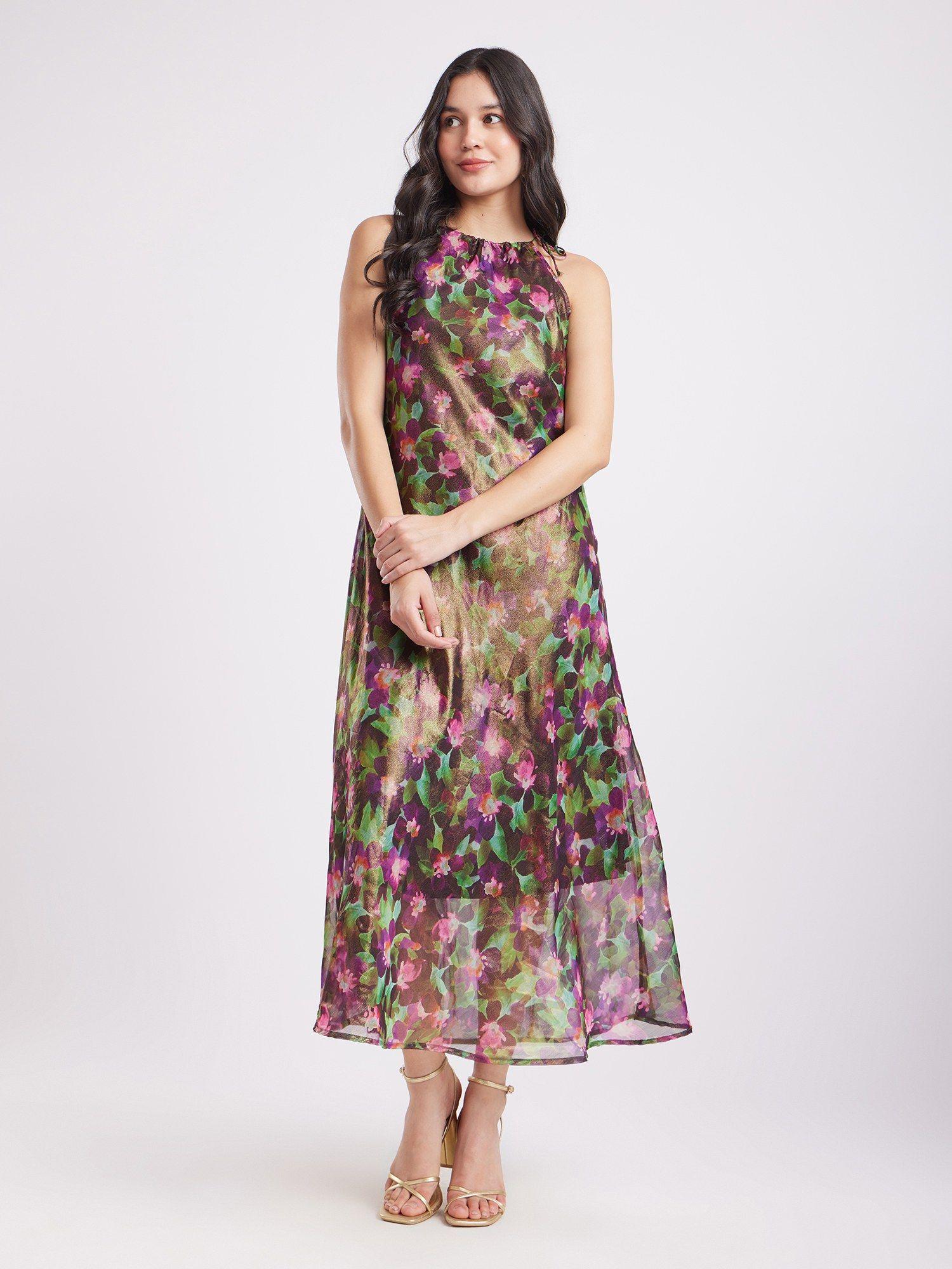 women polyester multi-color floral maxi dress