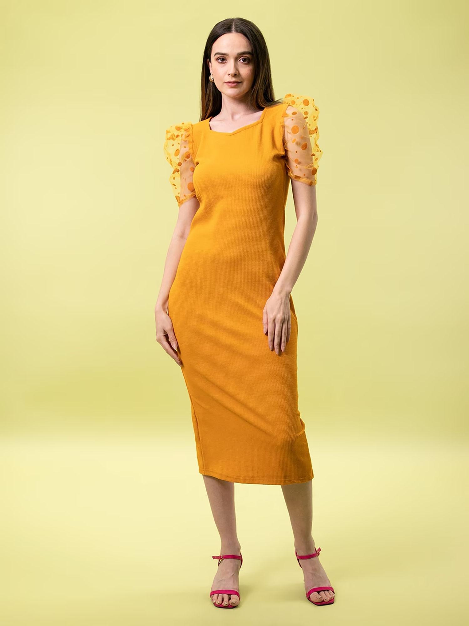 women polyester mustard polka dots midi dress