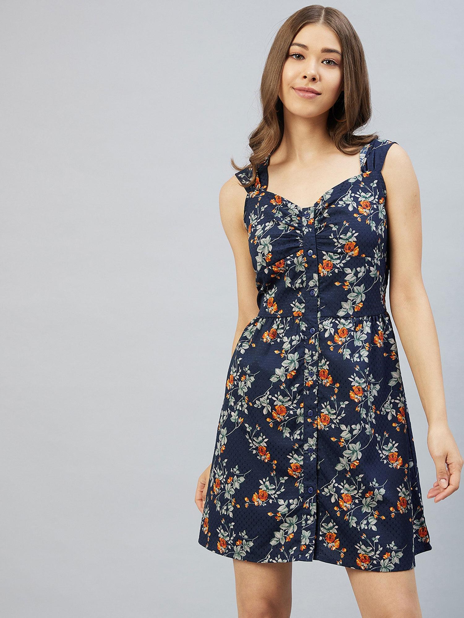 women polyester navy blue colour straight dress