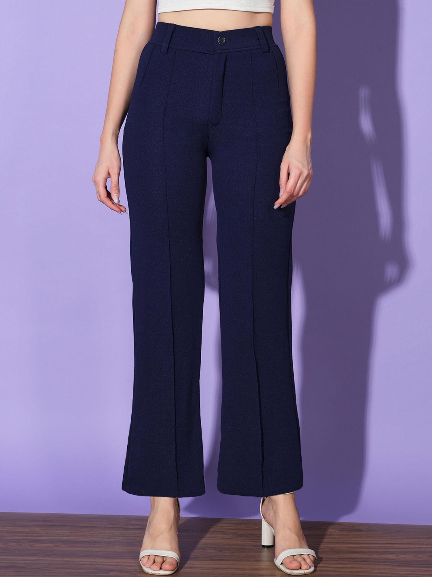 women polyester navy blue solid trouser
