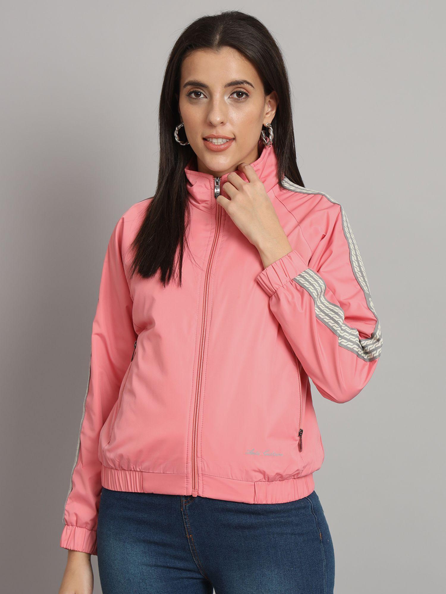 women polyester pink windcheater jacket