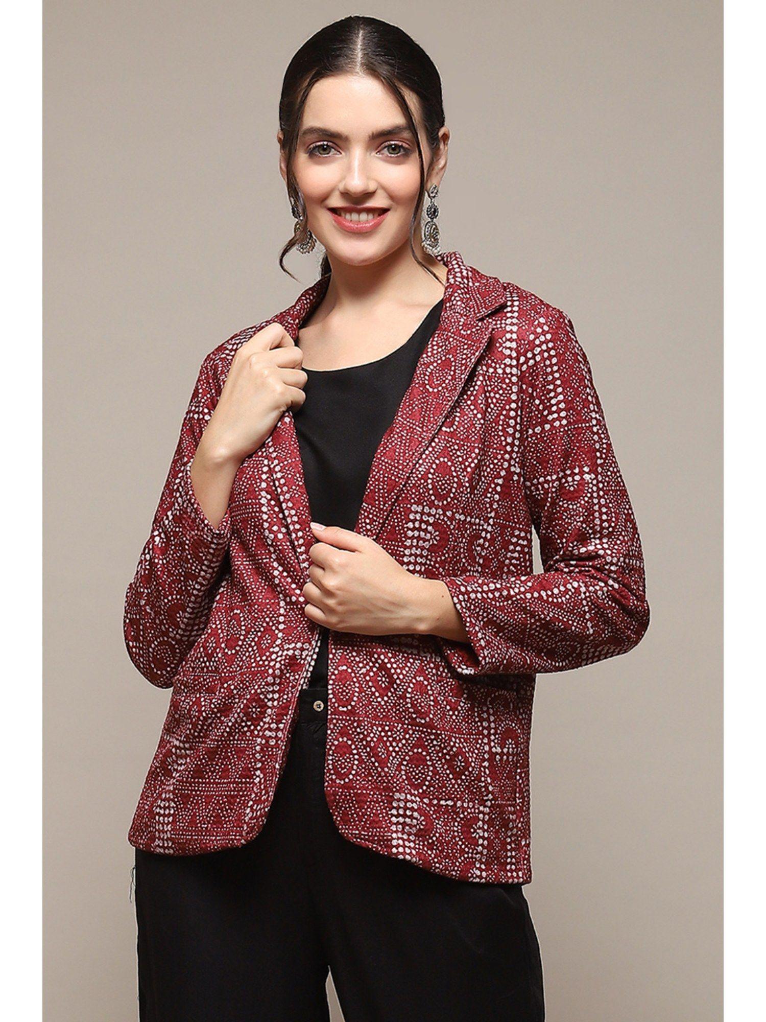 women polyester printed ethnic jackets - red