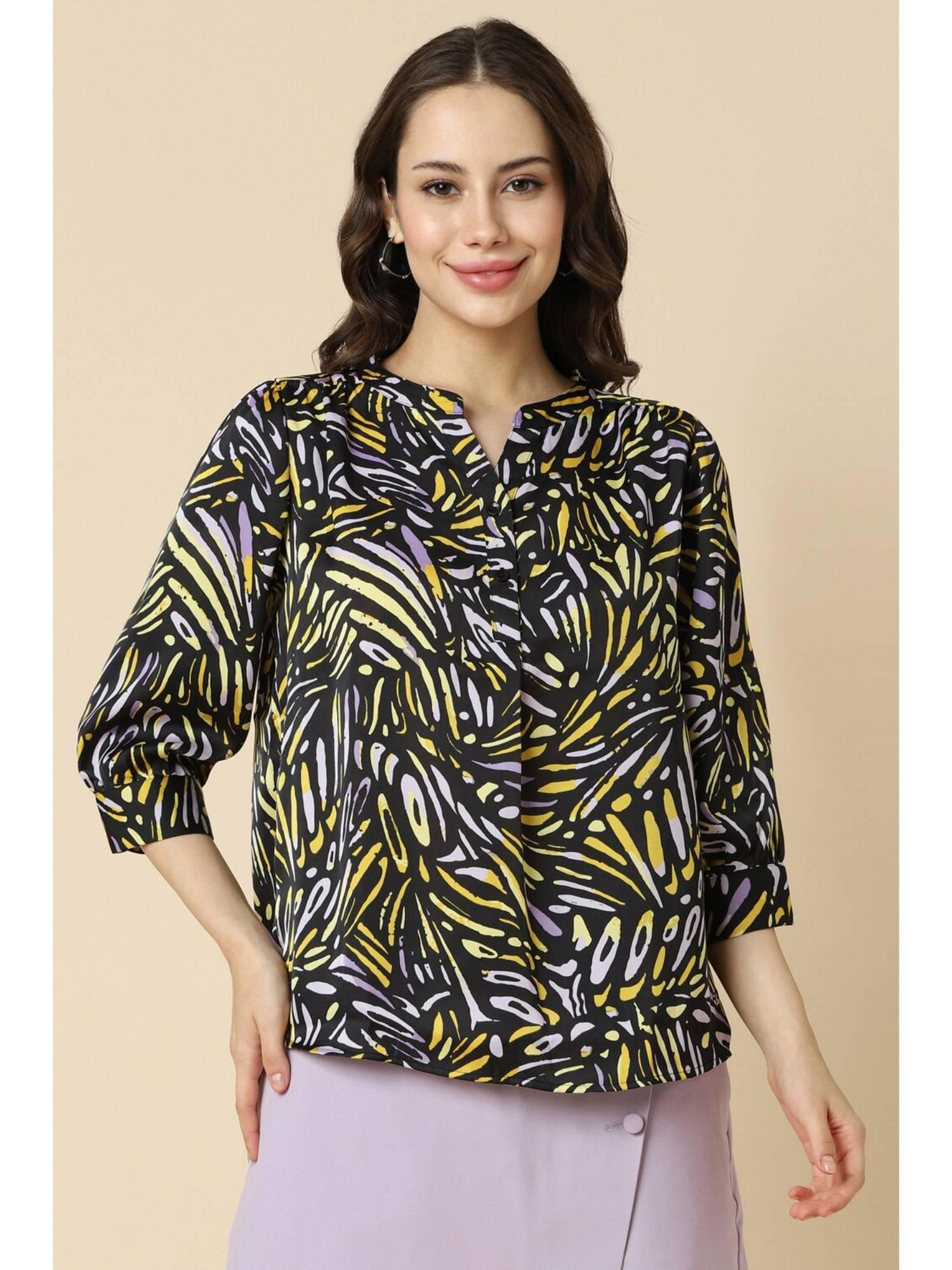 women polyester printed regular fit black top